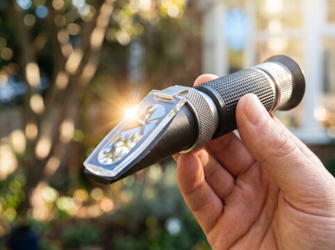 Looking into handheld refractometer device checking grape juice sugar density