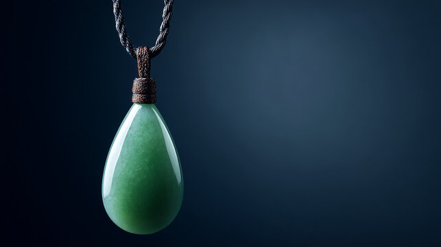 A slim green nephrite pendant formed like a seed pod against a dark backdrop.