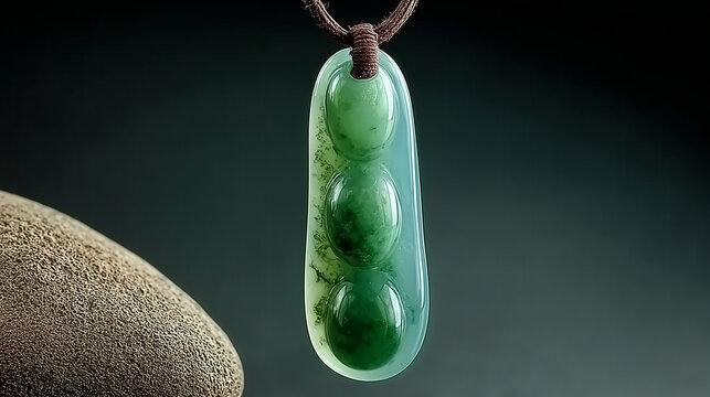 A slim green nephrite pendant formed like a seed pod against a dark backdrop.