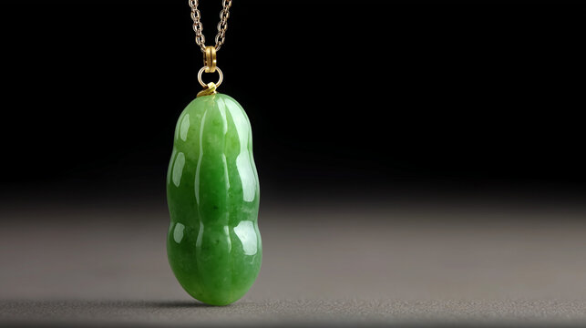 A slim green nephrite pendant formed like a seed pod against a dark backdrop.