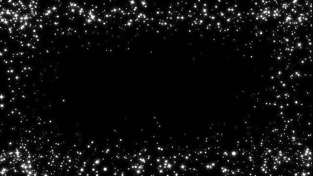 Premium rectangle star border loop in 4k with radiant glitter particle burst, glowing center light ray, magic line swirl, rich luxury fashion, and sparkling opening frame