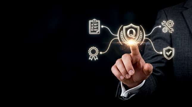 Close-up photo of businessman's hand touching glowing quality icon on virtual screen to enhance brand trust and reputation in modern corporate office