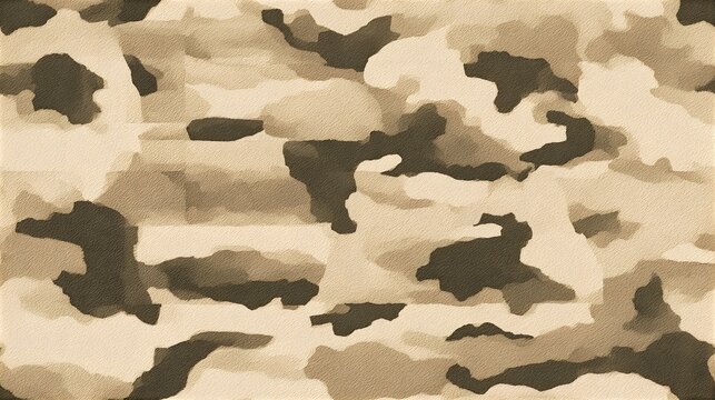 Seamless desert camouflage textile print only, abstract irregular patches in sand, tan, beige, khaki and muted brown, natural randomized shapes.