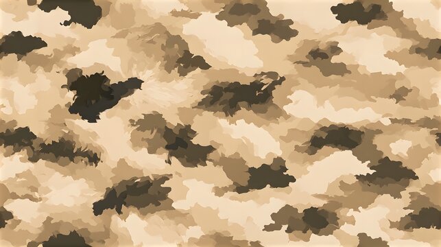 Seamless desert camouflage textile print only, abstract irregular patches in sand, tan, beige, khaki and muted brown, natural randomized shapes.