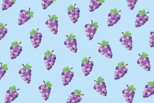 Cute purple grape pattern with green leaves on light blue background