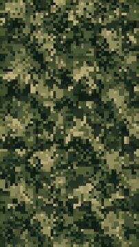 Seamless digital camouflage print only, geometric pixelated blocks in olive, sage green, dark green, charcoal and khaki.