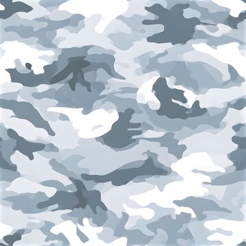 Seamless arctic camouflage textile print only, irregular abstract patches in white, light gray, icy gray, charcoal and cool blue-gray, winter military-inspired pattern.