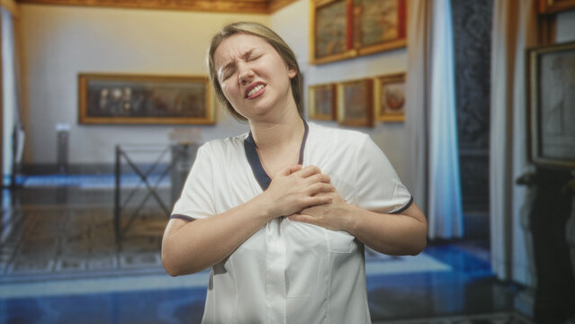 Woman in white uniform clutching chest in museum, grimacing and pressing hands over sternum suggesting heartattack and urgent pain; medical emergency distress.