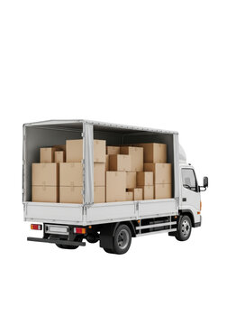 White truck loaded with cardboard boxes.