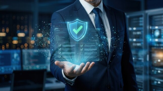 Digital verification and internet security concept with a businessman presenting a glowing shield interface.