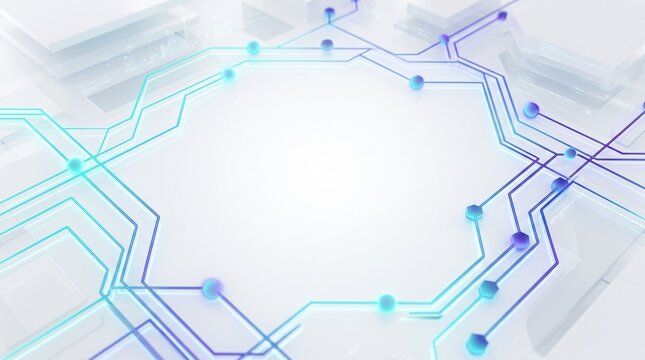Abstract Clean White Quantum Computing and Qubit Data Processing Background Template with Glowing Line Grid and Copy Space