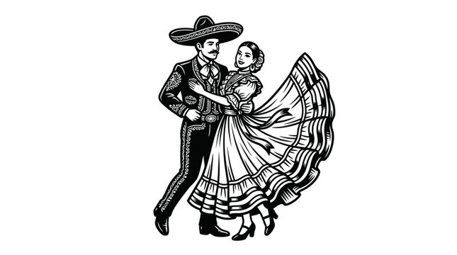 Mexican couple dancing traditional jarabe tapatio illustration.