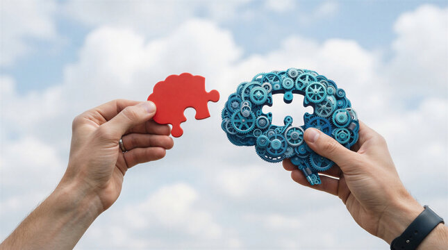 The Brain Puzzle A conceptual image depicting the human brain as a complex assembly of gears and cogs with a puzzle piece being fitted into its missing section symbolizing memory thought process