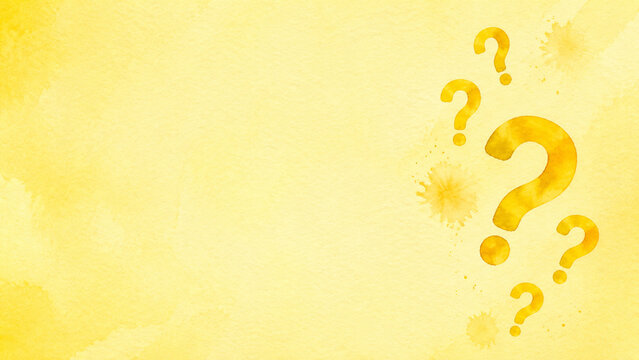 Watercolor question marks on a soft yellow background with copy space
