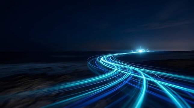 Glowing neon road converging toward distant light in dark landscape