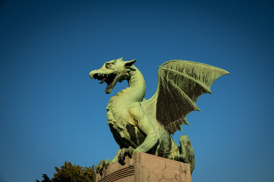 Ljubljana Dragon Statue Against Clear Blue Sky in Slovenia