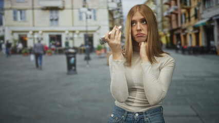 Fototapeta premium Woman redhead holding smartphone to cheek while touching jaw and checking skin in a busy street plaza wearing jeans and a ribbed top; contemplation.