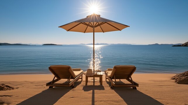 Two wooden lounge chairs under a large beige beach umbrella facing calm deep blue ocean with bright sunburst glowing directly behind the umbrella top on a quiet warm sandy beach