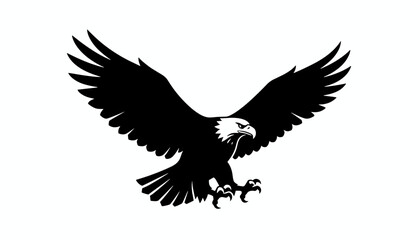 Naklejka premium Bald eagle flying with open wings in silhouette style represents strength, freedom, and majestic wildlife on a clean white background.