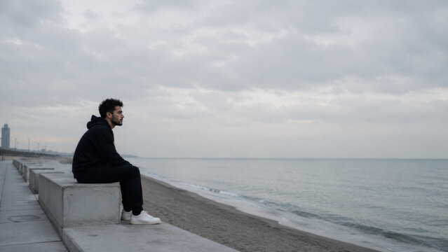 Sad young man sitting alone on beach feeling lonely and pensive
