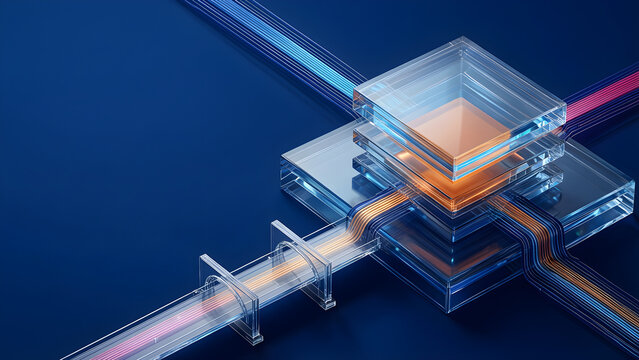 Four distinct data streams settling into one layered transparent repository with an ordered query bridge for technology, software, AI, cloud, telecom, data and innovation campaign