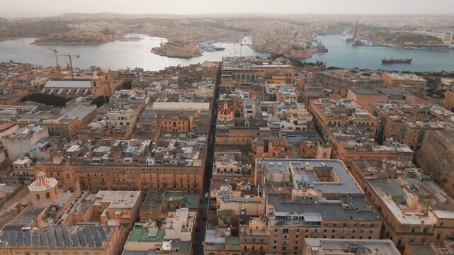 Aerial Wide View Valletta Cityscape Grand Harbour Fort St Angelo Malta at Sunset