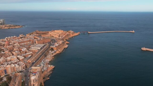 Aerial Wide Orbiting View Valletta Fort St Elmo Manoel Island Sliema Malta Cityscape, Historic City