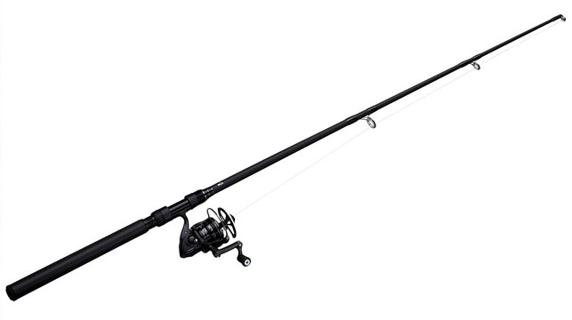 Professional full length black spinning fishing rod with attached fishing reel presented against plain solid white background for outdoor angling sports and hobby equipment