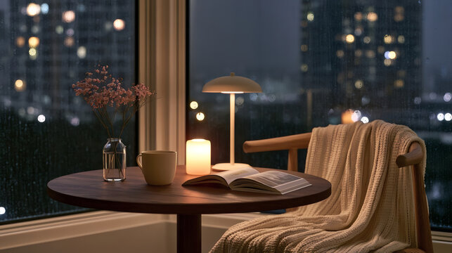 Cozy reading nook with an open book, cup, blanket, and warm light on a rainy night. Peaceful, relaxing home atmosphere by the window with city lights outside.