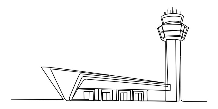 Continuous single line drawing of an airport terminal and tall control tower