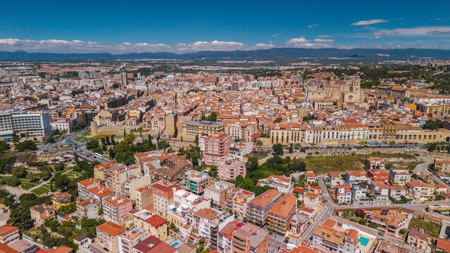 Aerial panoramic view of Tarragona old town with cathedral medieval walls and colorful Mediterranean cityscape in Spain