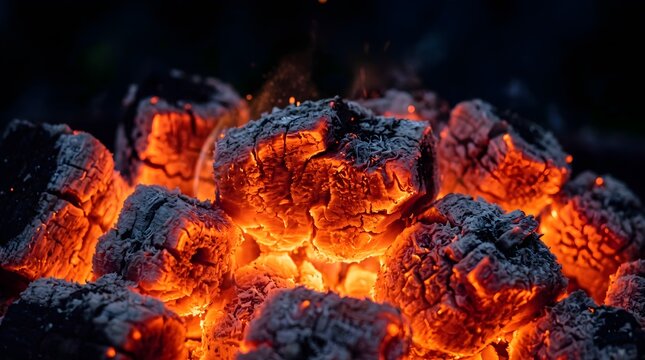 Glowing charcoal briquettes in a barbecue grill, burning hot coals with orange embers, smoldering wood fire for outdoor cooking