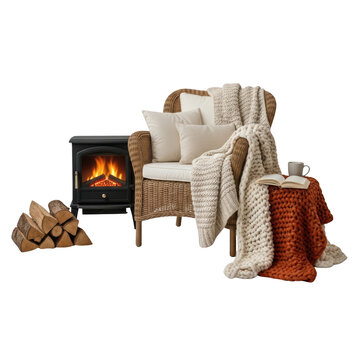 Wicker armchair with throw blanket.