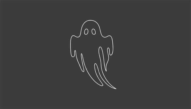 Spooky white outline of a flying ghost with empty eyes glowing against a solid dark grey background for Halloween.