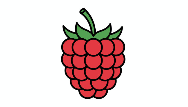 Ripe red raspberry with a small green stem and leaves depicted in a bold line cartoon vector illustration.