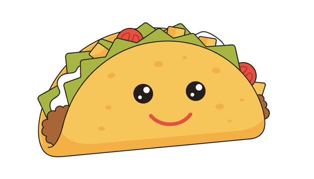 Adorable cartoon taco character with a happy smiling face filled with fresh lettuce, meat, cheese, and tomato.