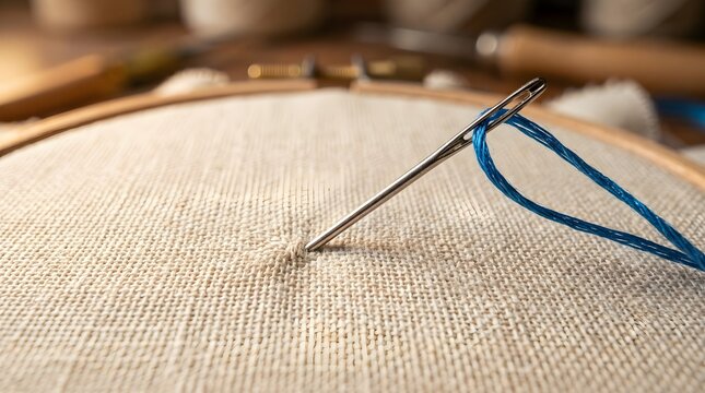 Embroidery needle with blue thread on linen fabric, wooden embroidery hoop with sewing tools, rustic handicraft and needlework concept