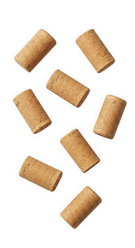 Group of natural wine corks falling isolated on transparent background