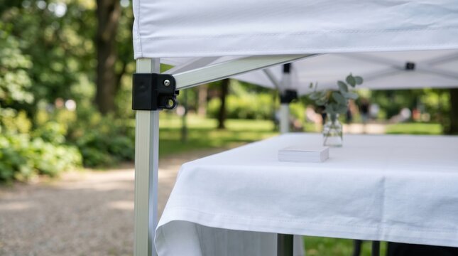 Outdoor event tent with white canopy and table setup in a landscaped garden. Elegant reception venue arrangement for wedding, party, catering, or business gathering.