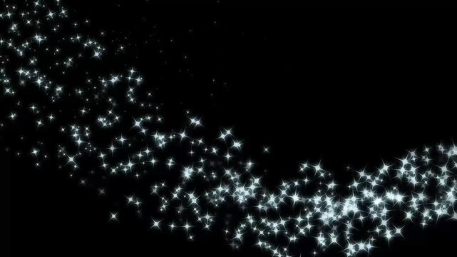Fantasy sparkle dust travels along a curved luminous path surrounded by white twinkling stars, golden highlights and glowing bokeh particles against a clean black screen background 4k