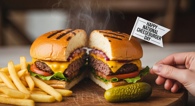 Delicious hot cheeseburger cut in half with melted cheese, fresh lettuce, tomato, and crispy french fries on a wooden board for National Cheeseburger Day