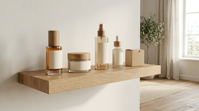 Minimalist luxury skincare product mockup on wooden shelf with natural light display