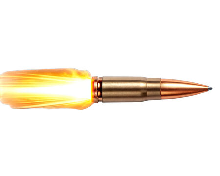 Close up shot of a metallic bullet with fiery muzzle flash isolated on transparent background transparent background
