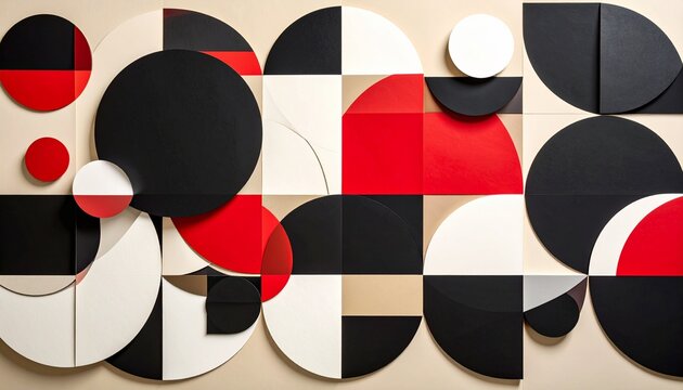 Abstract Geometric Composition with Circles, Squares, and Red Accents.