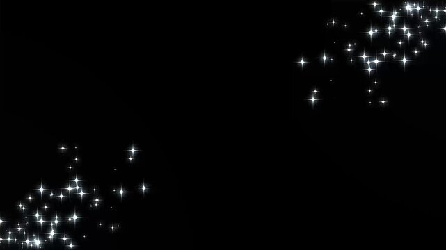 Glowing sparkle stars line animation with white twinkling particles, magic glitter dust trail, curved star motion burst, seamless shiny transition and bright starlight effect, black background 4k