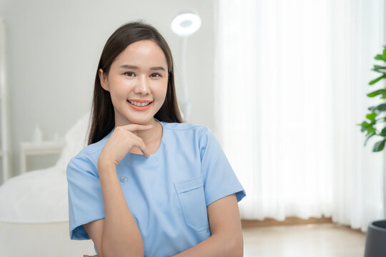 Beauty clinic, Portrait specialist beauty woman for VIP customer, white room with a bed and a chair. room is clean and well organized, health care, dermatology, style, wellness, cosmetology