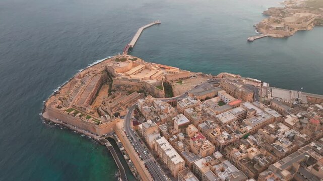 High aerial view of Fort Saint Elmo in Valletta, Malta, daytime, 4K