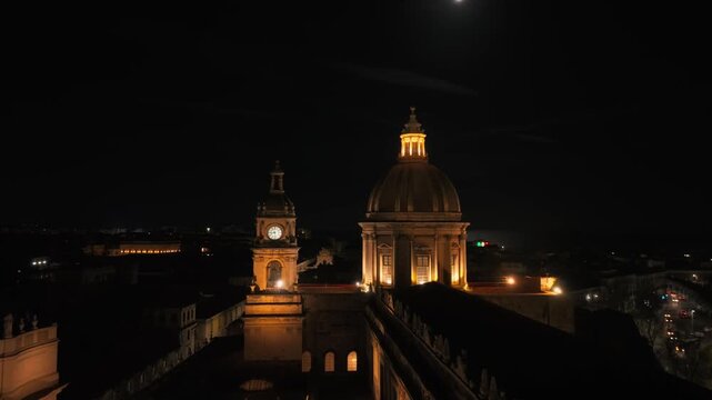 Aerial View Dolly In Catania Cathedral Domes Clock Tower Night Sicily Italy historic Landmark