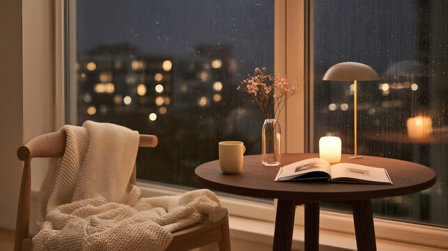Cozy reading nook with a blanket, mug, open book, and glowing lamp by a rainy window at night. Warm, relaxing atmosphere for leisure and comfort.