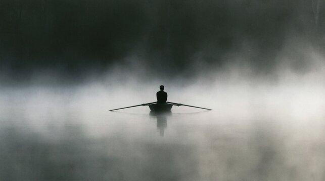 Silhouette of lone rower sitting in small boat floating on calm misty lake with thick fog covering surrounding water creating peaceful minimalist atmospheric scene